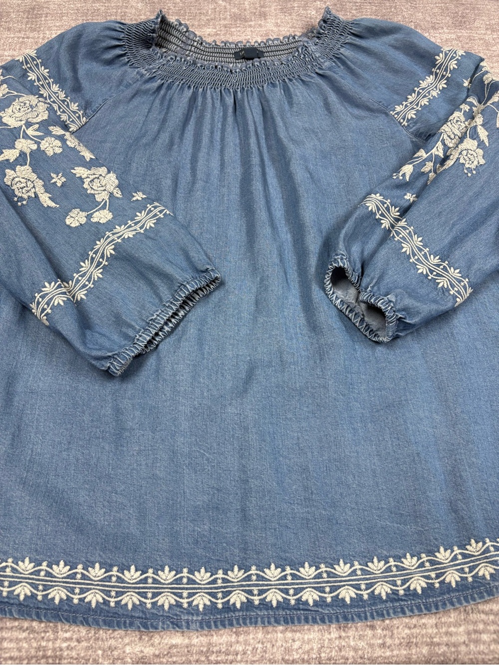 J Jill Denim Top Size XL White Embroidered Blue Tencel Relaxed Fit Country - Picture 8 of 11